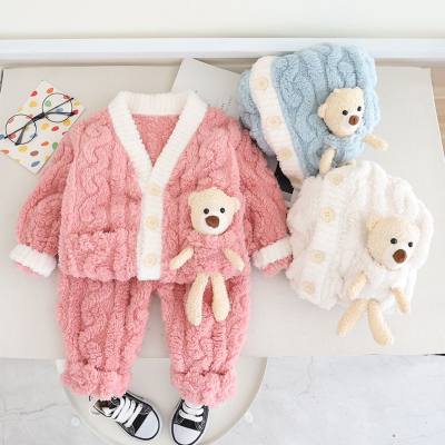2-Piece Toddler Girl Bear Furry Thickened Winter Tops & Pants