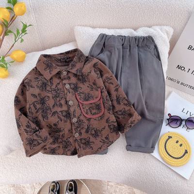 2-piece Toddler Boy Printed Long-sleeved Shirt &Solid Colored Pants