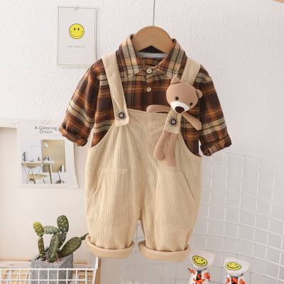 2-piece Toddler Boy Plaid Button-up Shirt & Stereoscopic Bear Decorated Suspenders