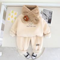 3-piece Toddler Boy Casual Letter Printing Thickened Winter Top & Pants With Scarf  Beige