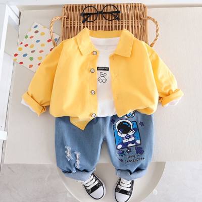 3-piece Toddler Boy Bear Print Round Neck Top & Solid Color Button Up Jacket & Cartoon Print Jeans