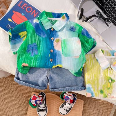 Traje de camisa de manga corta de verano para niños, nuevo estilo de verano, ropa de verano para bebés, traje fino de dos piezas para niños