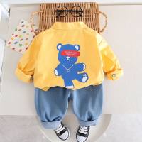 3-piece Toddler Boy Bear Print Round Neck Top & Solid Color Button Up Jacket & Cartoon Print Jeans  Yellow