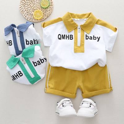 2-piece Toddler Boy Pure Cotton Color-block Letter Printed Short Sleeve Polo Shirt & Matching Shorts