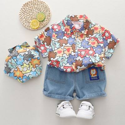 2-piece Toddler Boy Pure Cotton Color-block Block Printed Short Sleeve Shirt & Denim Shorts