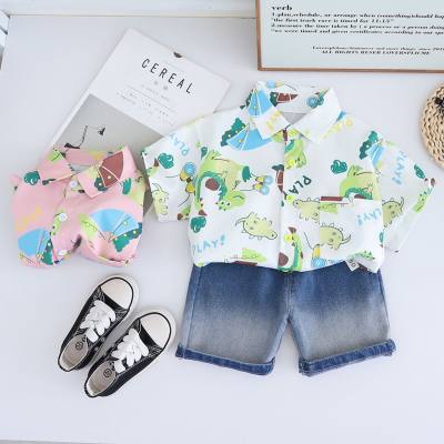 Boys summer suits 2024 new style baby children's clothing stylish boy summer dinosaur short-sleeved shirt two-piece suit