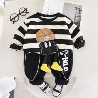 2-piece Toddler Boy Striped Cartoon Crew-neck Top & Solid Color Monogram Print Pants  black and white stripes