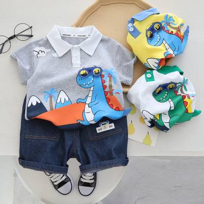 2-piece Toddler Boy Dinosaur Printed Short Sleeve Polo Shirt & Solid Color Shorts