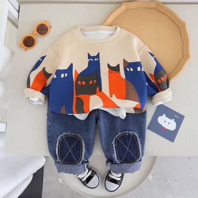 2-piece Toddler Boy Cat Print Long Sleeve T-shirt & Casual Jeans