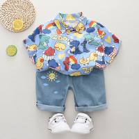 2-piece Toddler Boy Pure Cotton Allover Dinosaur Printed Short Sleeve Shirt & Denim Pants  Blue