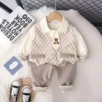 3-piece Toddler Boy Solid Colorlapel T-shirt Collocation Bear Tie &Plaid Printed Waistcoat & Casual Pants  Beige