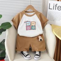 Children's short-sleeved two-piece suit 2024 new arrival cute baby summer short-sleeved suit cartoon color matching T-shirt  Khaki
