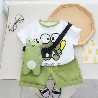 3-piece Toddler Boy Frog Printed Short Sleeve T-shirt & Solid Color Shorts & Frog Style Shoulder Bag