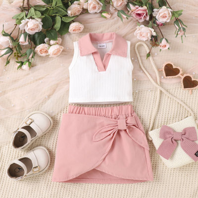 2-piece Toddler Girl Color-block V-nek Polo Shirt Vest & Solid Color Bowknot Decor Skirt