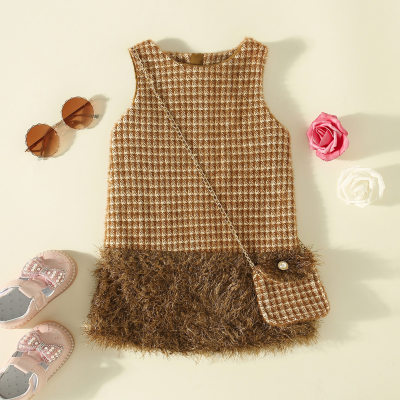 2-piece Toddler Girl Plaid Plush Patchwork Sleeveless Tank Dress & Matching Bag