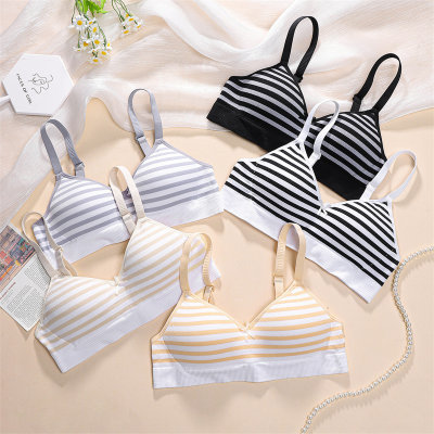 New striped underwear for women without rims, college students, high school girls, small breast push-up, thin growth period bra