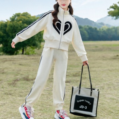 2-piece Kid Girl Heart Pattern Stand Up Collar Zip-up Jacket & Matching Pants