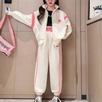 2-piece Kid Girl Color-block Letter Printed Zip-up Jacket & Matching Pants  White
