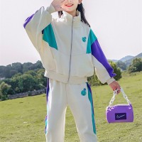 2-piece Kid Girl Color-block Patchwork Zip-up Jacket & Matching Pants  Beige