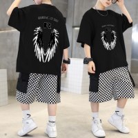 2-piece Kid Boy Letter and Wings Printed Short Sleeve T-shirt & Plaid Shorts  Black