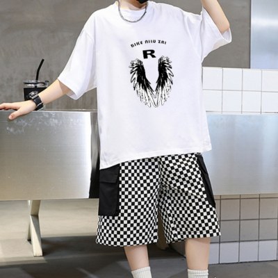 2-piece Kid Boy Letter and Wings Printed Short Sleeve T-shirt & Plaid Shorts
