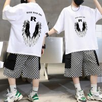 2-piece Kid Boy Letter and Wings Printed Short Sleeve T-shirt & Plaid Shorts  White