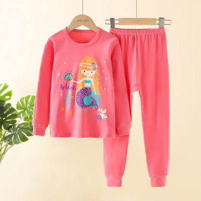 2-piece Kid Girl Pure Cotton Mermaid Printed Long Sleeve Top & Solid Color Pants Pajama Set