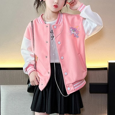 Kid Girl Color-block Unicorn Style Button-up Baseball Jacket