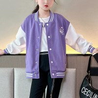 Kid Girl Color-block Unicorn Style Button-up Baseball Jacket  Purple