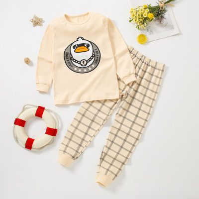Children's Penguin Printed T-shirt & Plaid Pants Home Set