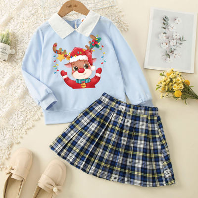 Kids Girls Sweet Christmas print top&Pleated skirt