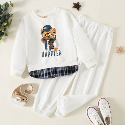 Kid Letter Printed Plaid Patchwork Sweater & Pants