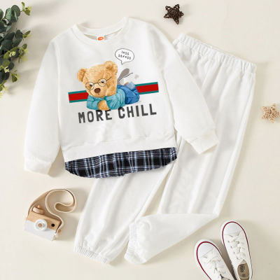Kid Letter Printed Plaid Patchwork Sweater & Pants