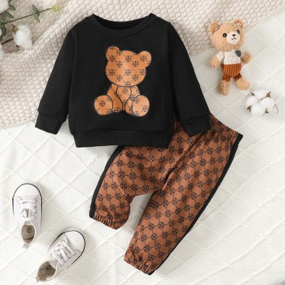 Maglione a maniche lunghe stampato con orso da neonato in 2 pezzi e pantaloni con monogramma