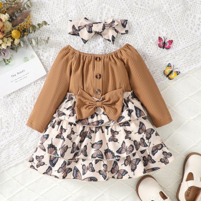 Baby Girl 2 Pieces Color-block Butterfly Pattern Dress & Headband