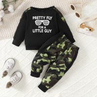 Baby Boy 2 Pieces Letter Printed Long-sleeved Sweater & Camouflage Pants  Black