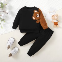 Baby Boy 2 Pieces Plush Teddy Bear Applique Sweater & Pants  Black