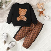 Baby Boy 2 Pieces Bear Printed Long-sleeved Sweater & Monogram Pants  Black