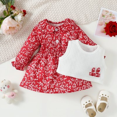 Baby Girl 2 Pieces Floral Pattern Long-sleeve Dress & Rabbit Vest Suit