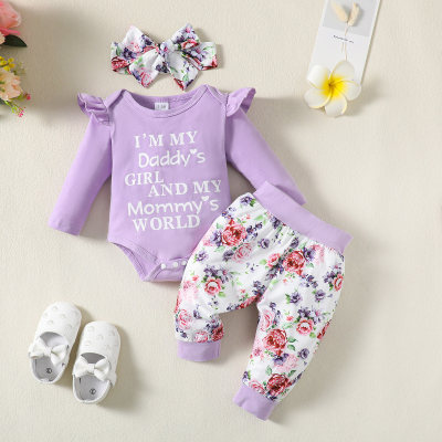 Macacão com estampa de letras em cor sólida para bebês meninas, 3 peças, calças florais e faixa de cabeça