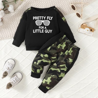 Baby Boy 2 Pieces Letter Printed Long-sleeved Sweater & Camouflage Pants