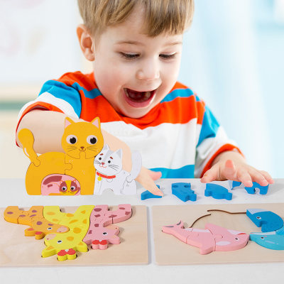 التعليم المبكر ثلاثي الأبعاد لغز حيوانات الأطفال ألعاب خشبية