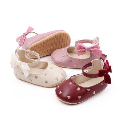 Zapatos de princesa antideslizantes planos con corazón de amor bordado con decoración de lazo para niñas, adecuados para fiesta