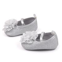 Chaussures de princesse pour bébés filles de 0 à 12 mois, chaussures à semelle souple, chaussures de princesse à fleurs et paillettes, chaussures habillées  argent