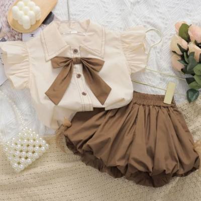 Toddler girl small flying sleeve shirt flower bud pants two-piece set