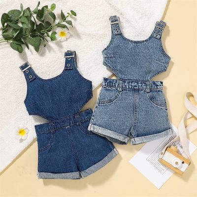 Toddler Girls Pocket Solid Color Hollow Out Overalls