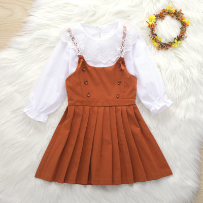 Toddler Solid Color Puff Sleeve Lace Top & Overalls
