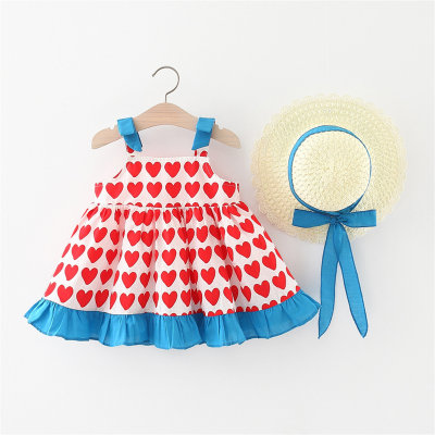 Toddler Girl Color-block Heart-shaped Ruffles Patchwork Dress & Hat