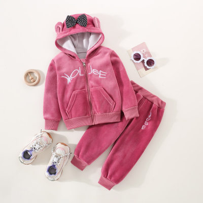 2-piece Toddler Girl Pleuche Solid Color Letter Embroidered Hooded Zip-up Jacket & Matching Pants
