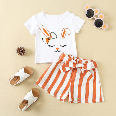 Toddler Girls Cotton Sweet Color-block Rabbit Top & Stripes Shorts